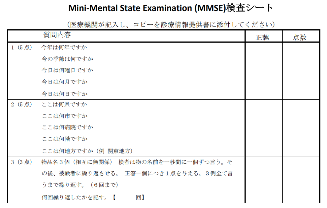 ミニメンタルステート検査シート