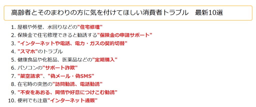 高齢者とその周りの方に気をつけてほしい消費者トラブル最新10選