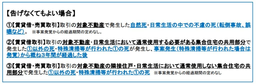 宅地建物取引業者による人の死に関するガイドライン,自然死や不慮の事故のよる死は告知義務,告げなくてもよい場合