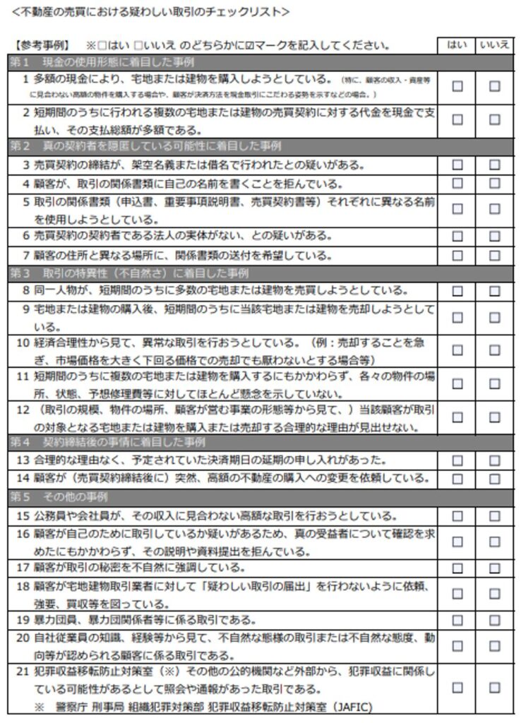 不動産取引における疑わしい取引のチェックリスト