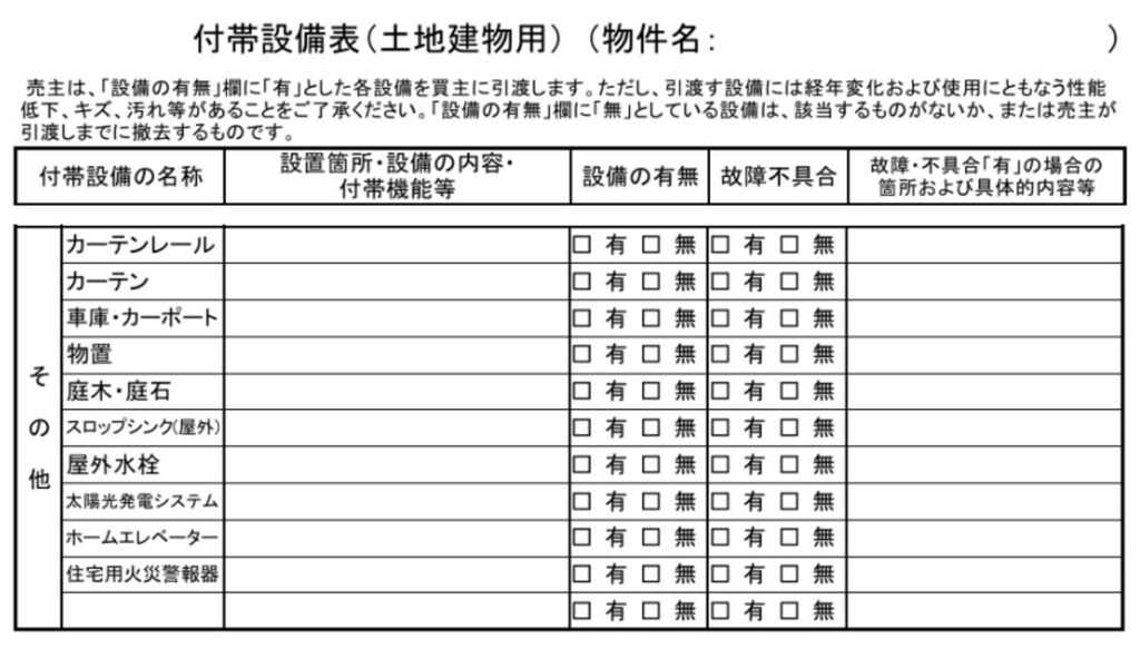 中古物件,付帯設備表