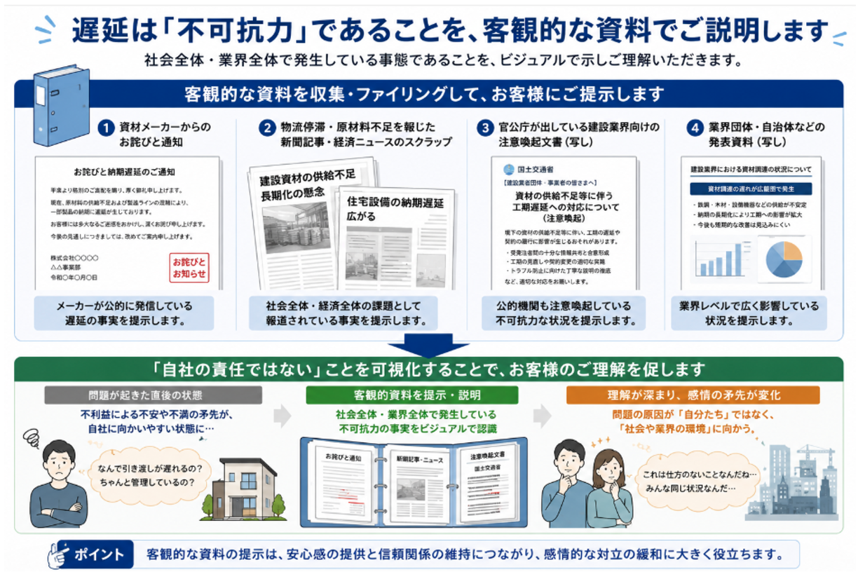 遅延は「不可抗力」であることを客観的な資料でご説明します