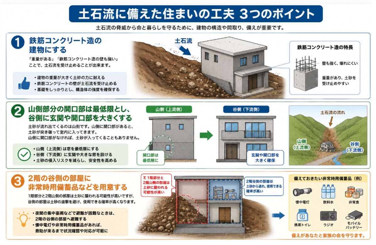 土石流に備えた住まいの工夫3つのポイント
